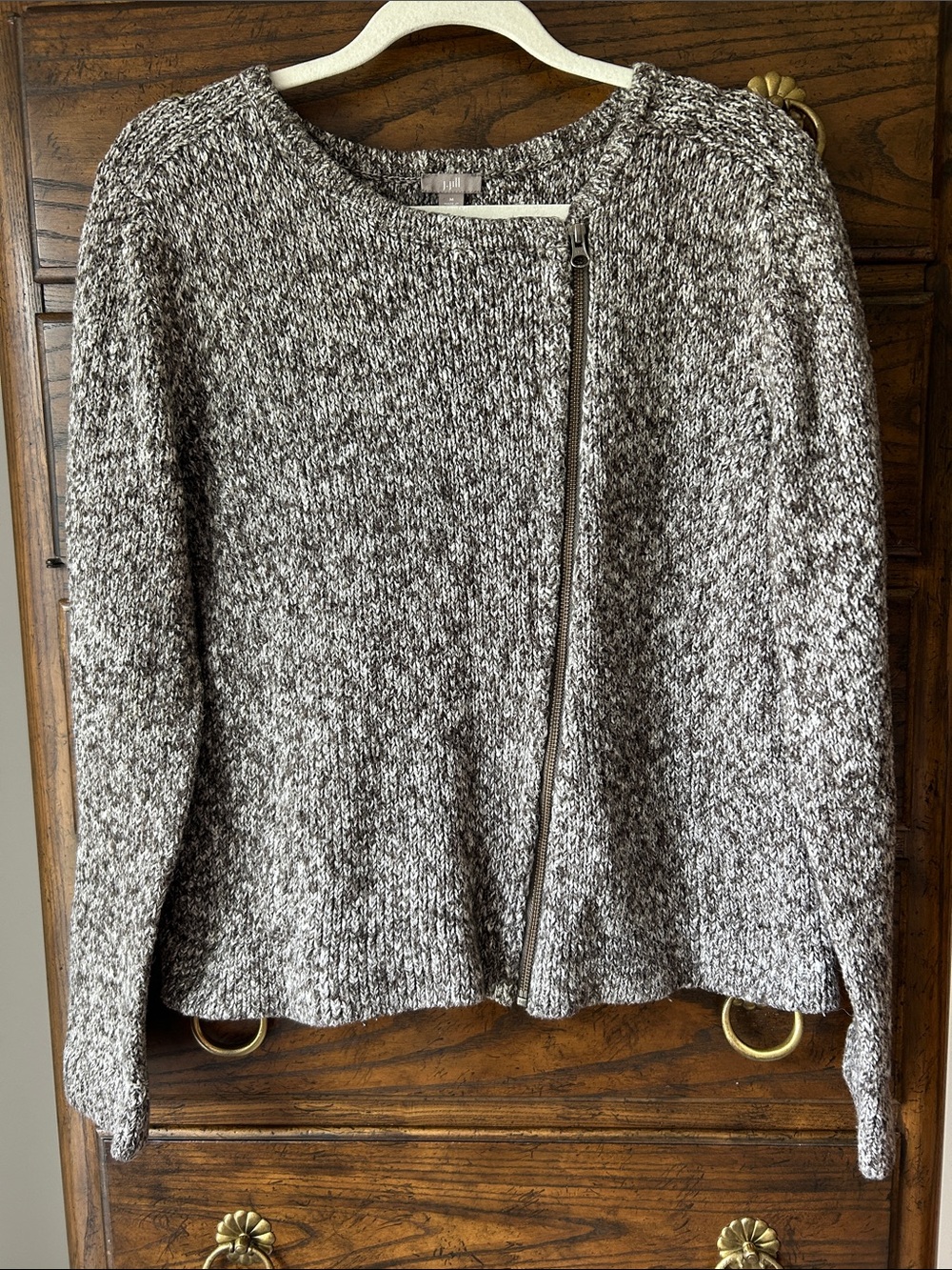 J. Jill Marled Black and White Asymmetrical Zip Crewneck Sweater, Size M